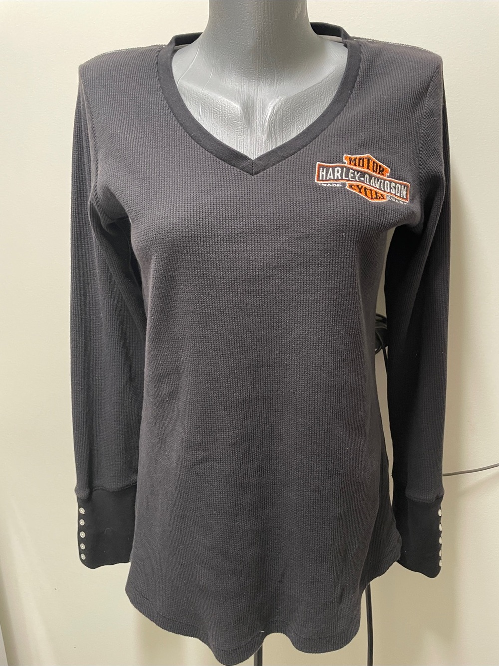 Harley-Davidson Black Long-Sleeve V-Neck Top with Orange Logo
